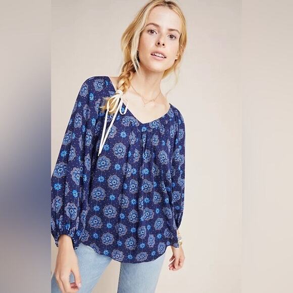 Maeve by Anthropologie Tops - Maeve Anthropologie Womens Blue Floral Flowy Boho Long Sleeve Peasant Top 4